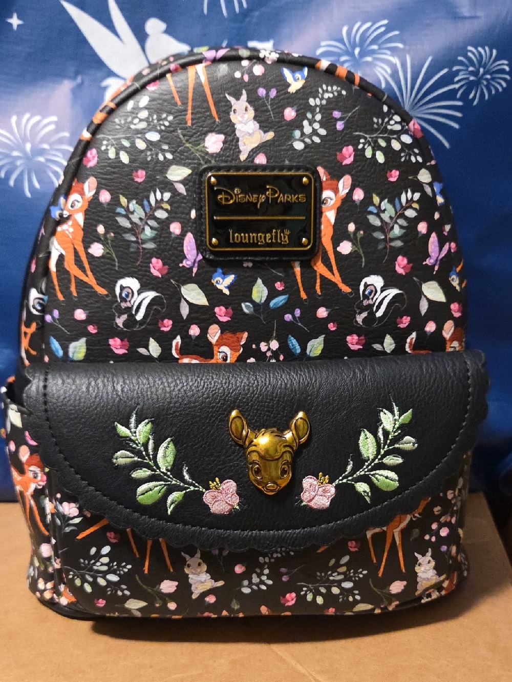 Loungefly Black Bambi Floral Mini Backpack with Gold Emblem
